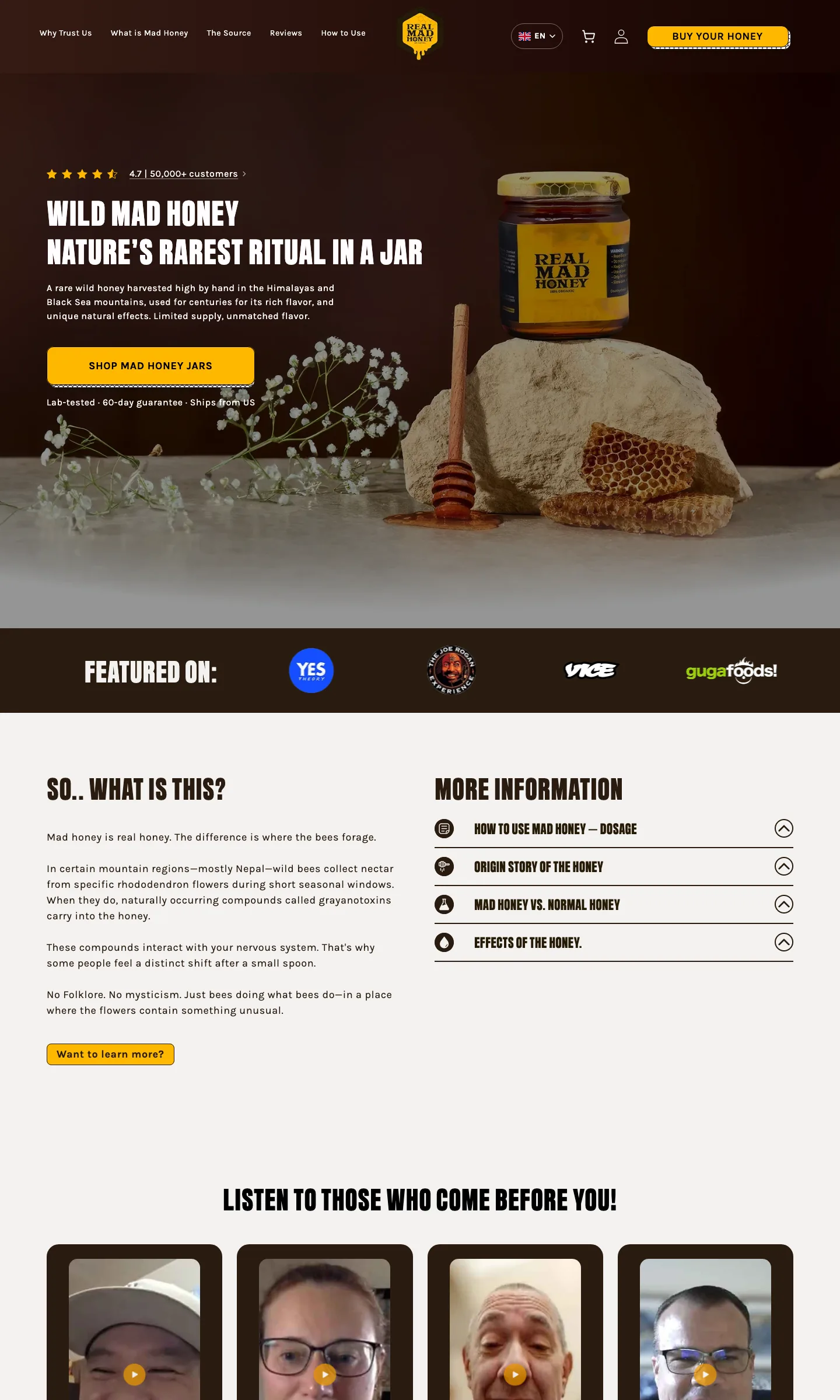 The full Real Mad Honey homepage from header to footer