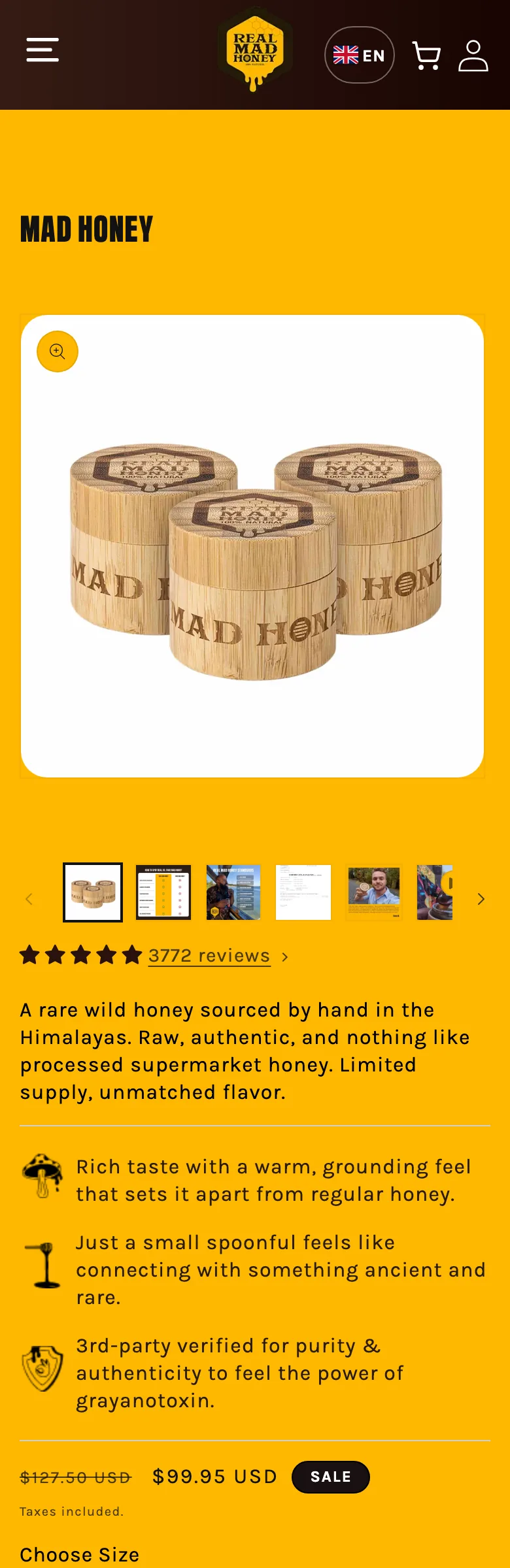 The full mad honey product page on a phone