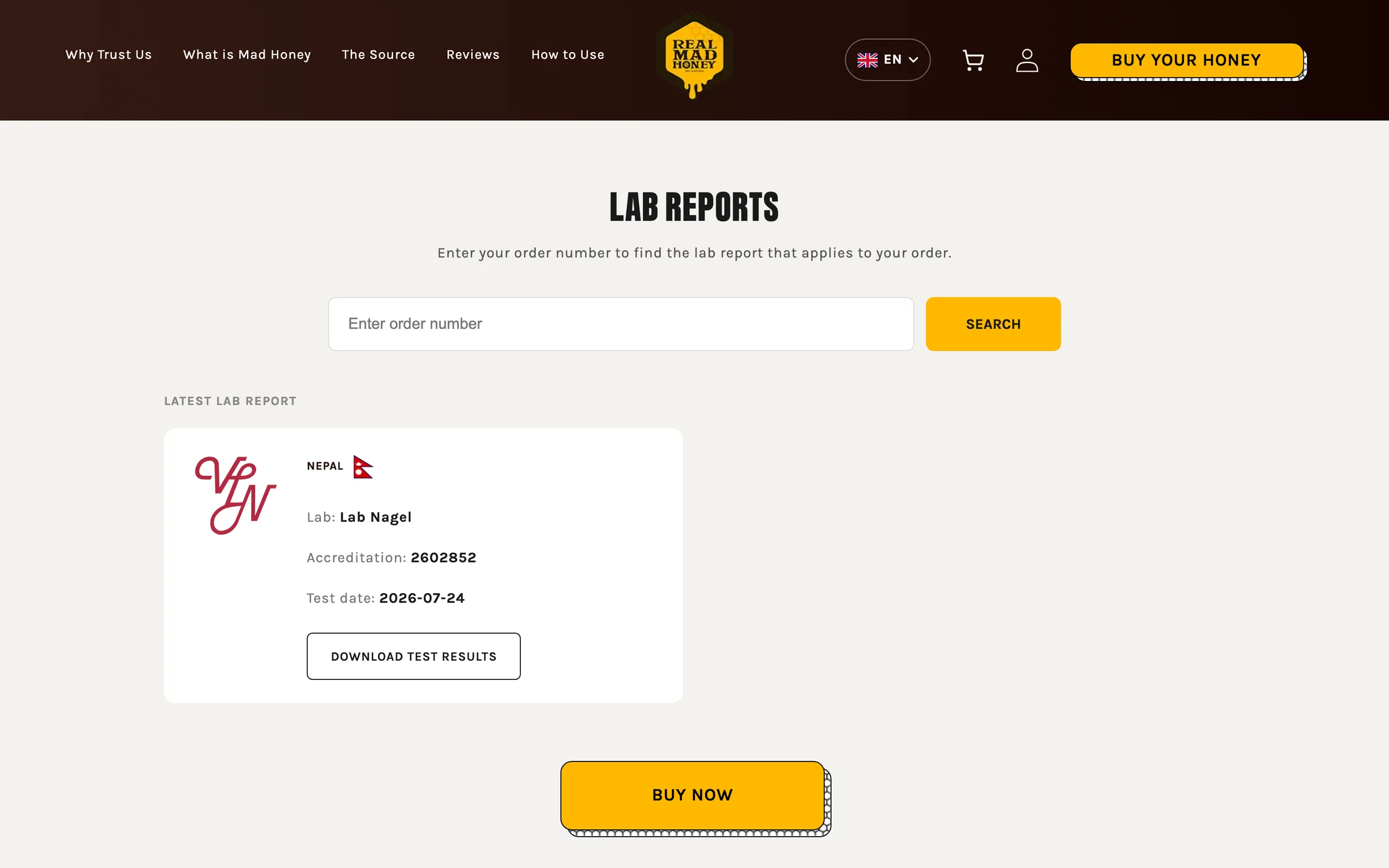 The lab reports page: a search box for an order number, and the latest report card naming the laboratory, its accreditation number, the test date and a Download test results button
