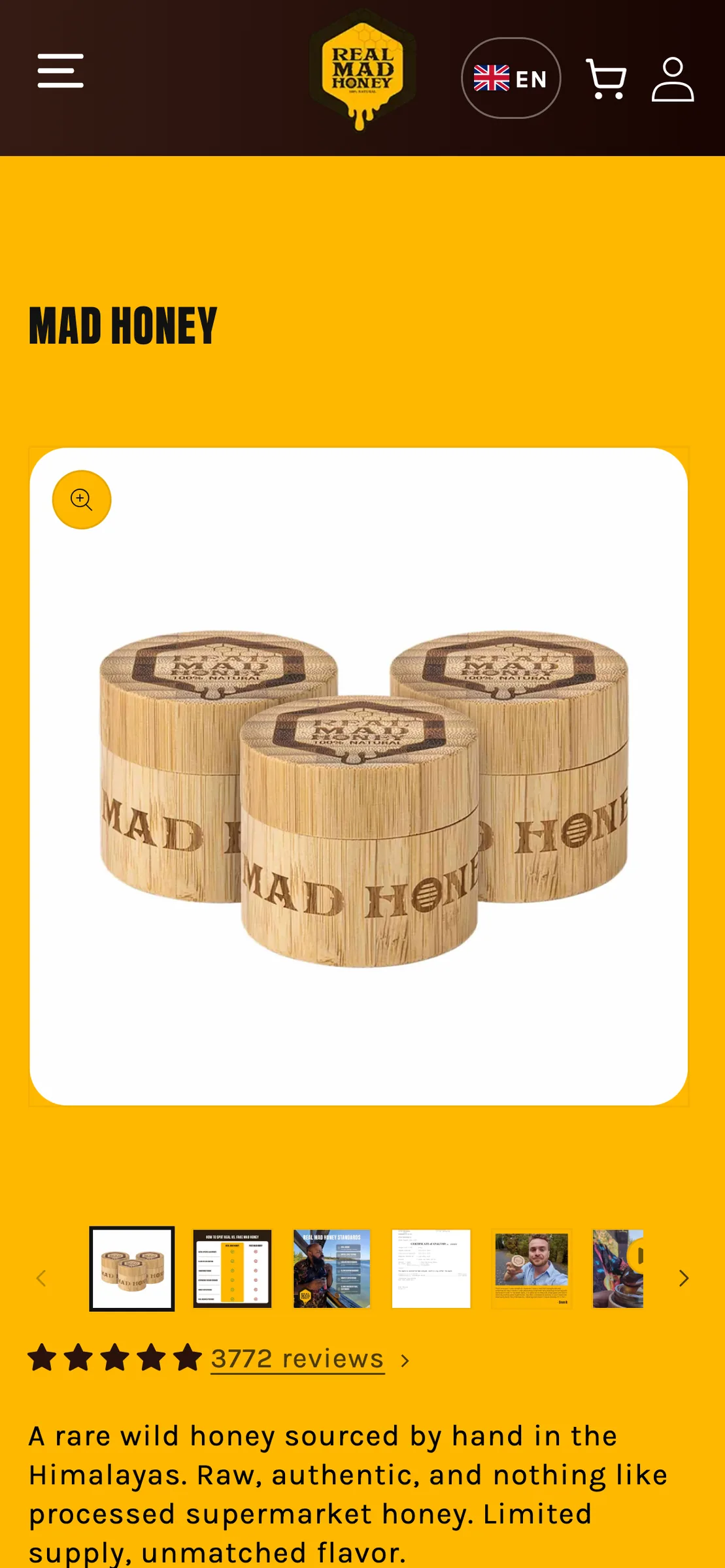 The mad honey product page on a phone