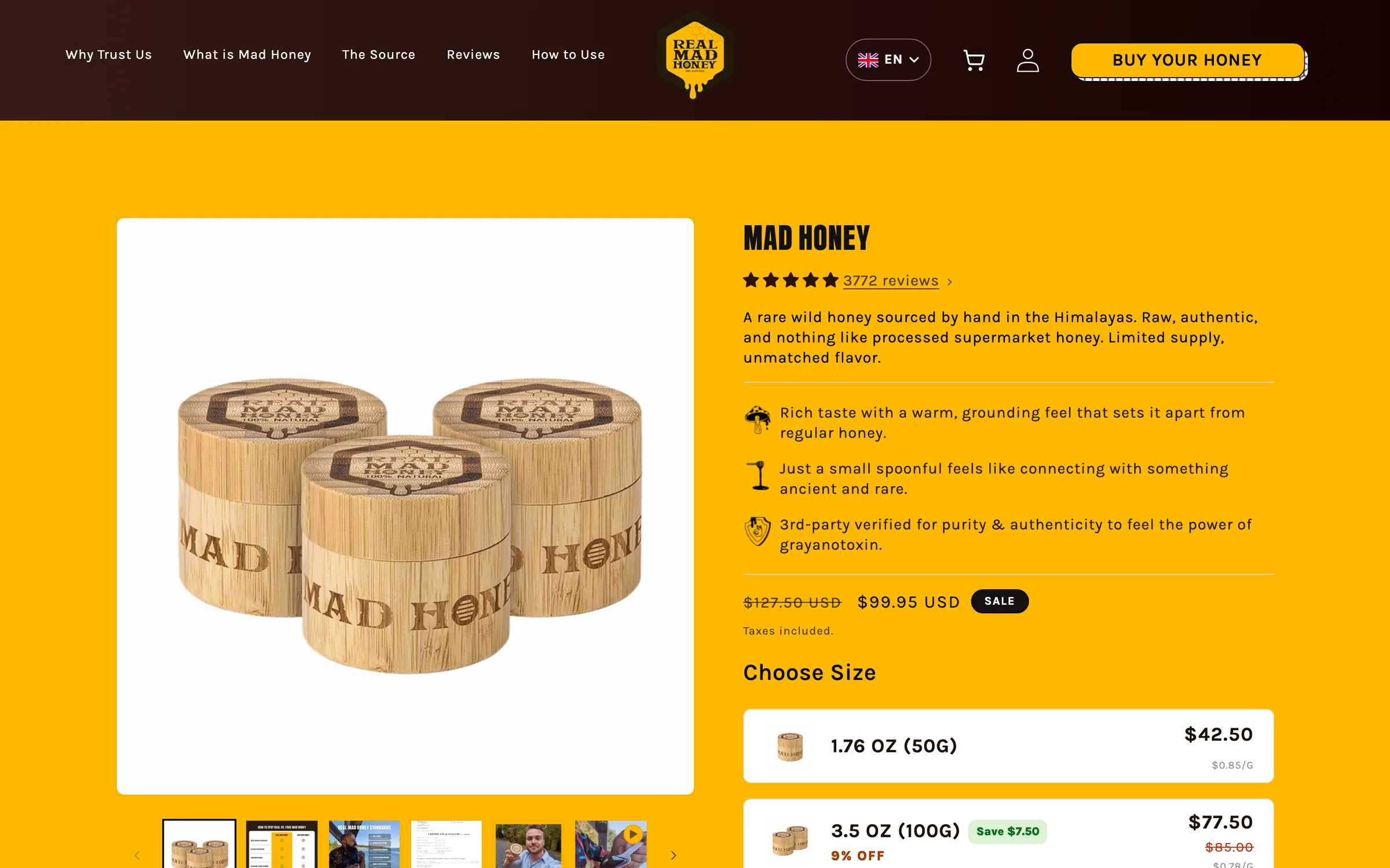 The mad honey product page: bamboo jars on white, star rating with review count, three short reasons to buy, sale price and the first of the jar sizes on a honey-gold background