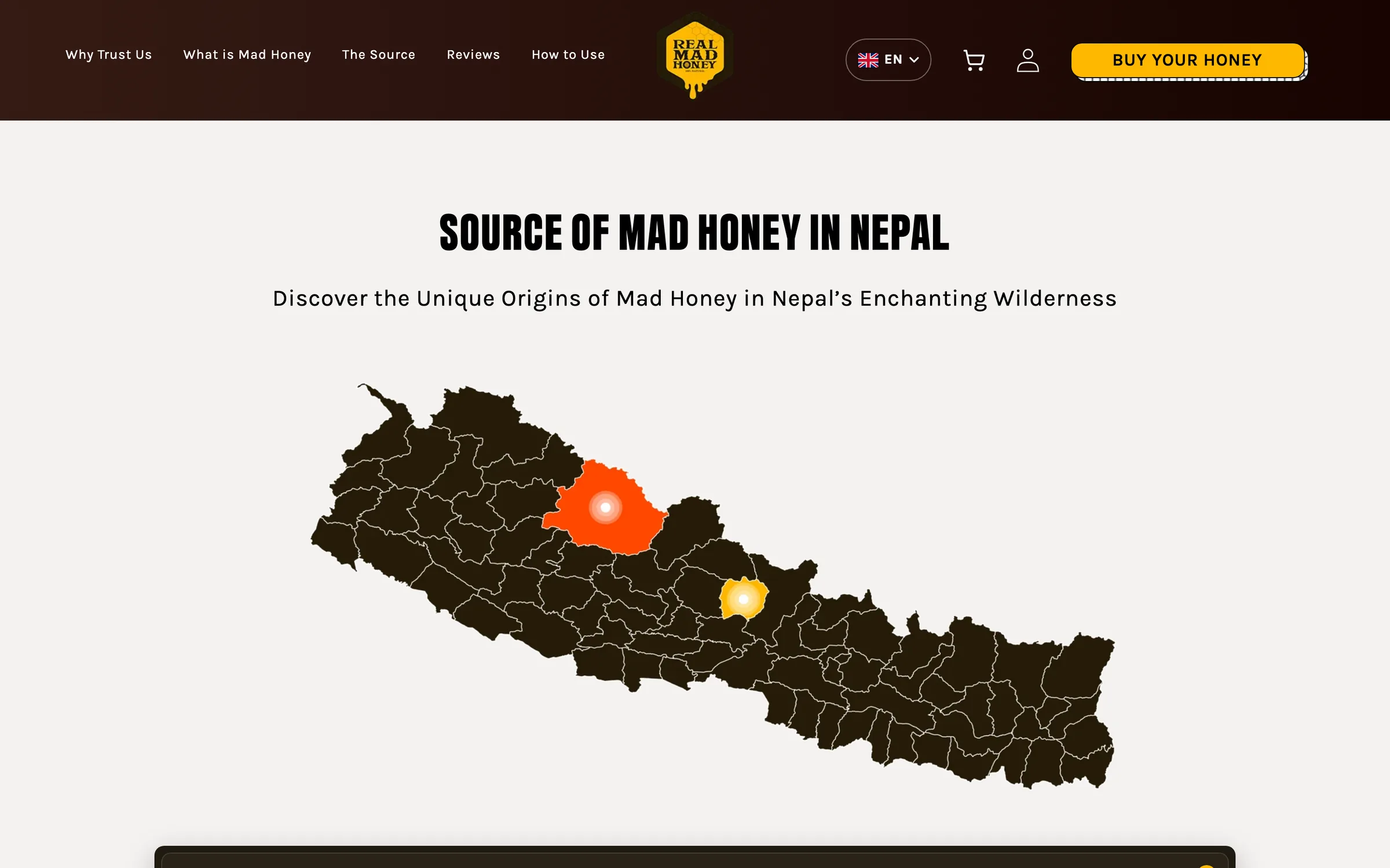 The Source of Mad Honey in Nepal page: a dark map of Nepal's districts with the harvesting regions highlighted in orange and gold