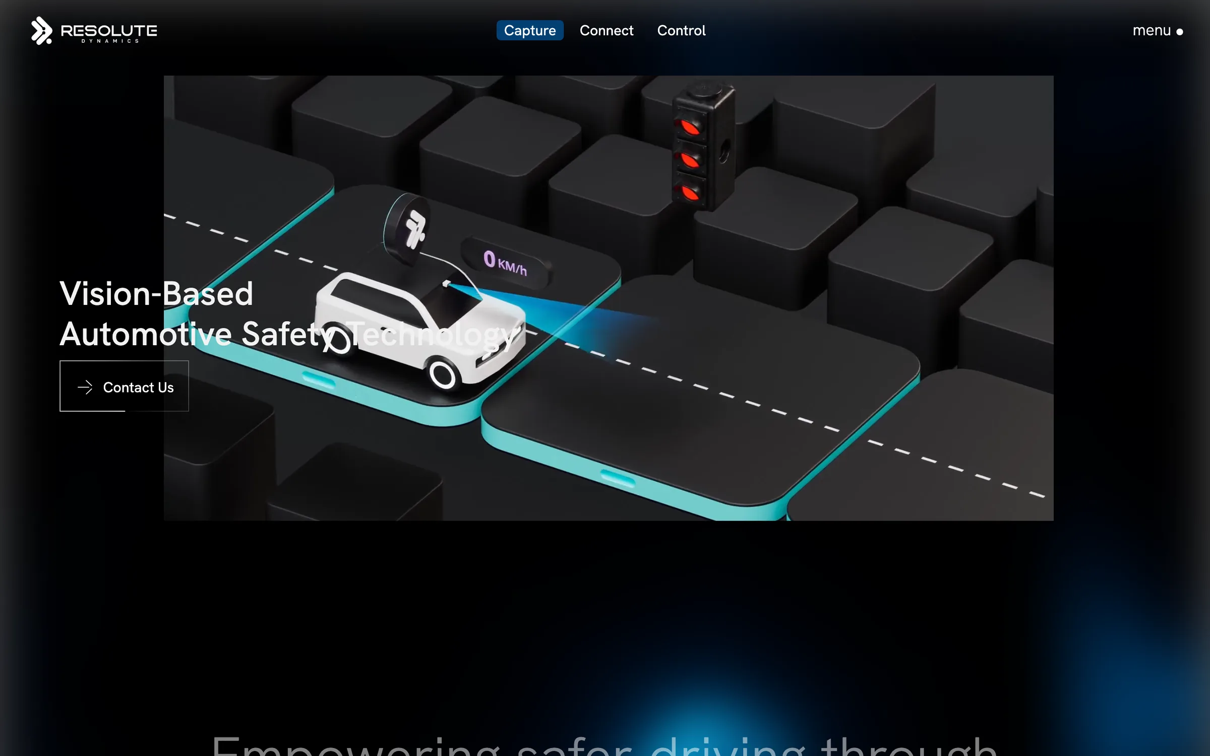 The Capture product page: an illustrated car reading a speed sign on a dark road, under 'Vision-based automotive safety technology'