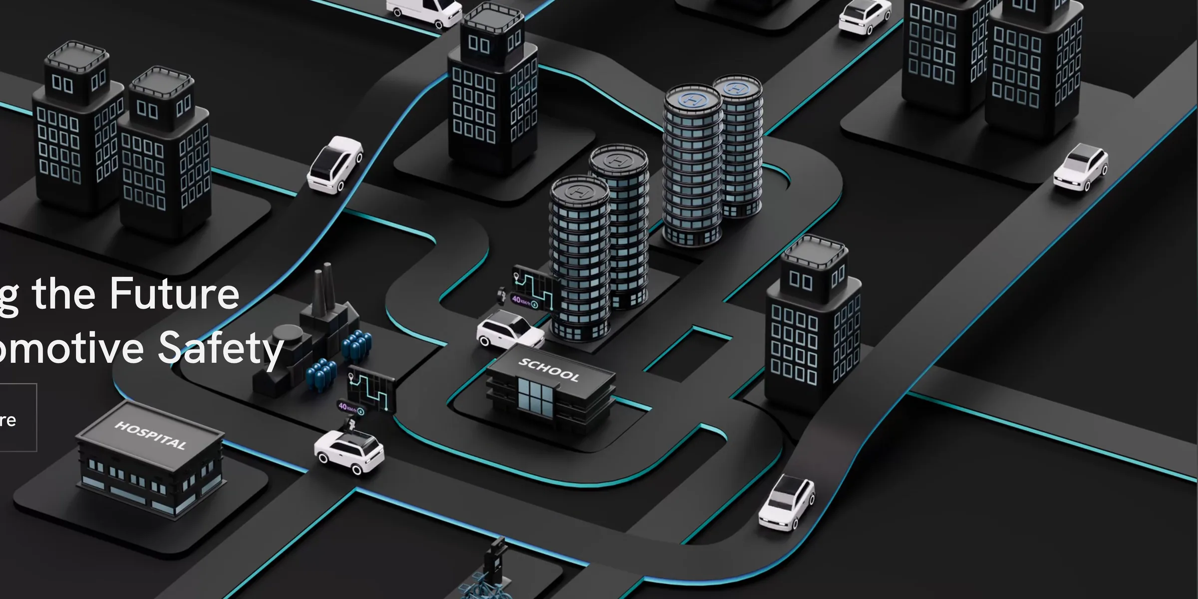 Close-up of the homepage illustration: a dark isometric city with glowing cyan roads, connected cars, a school and a hospital