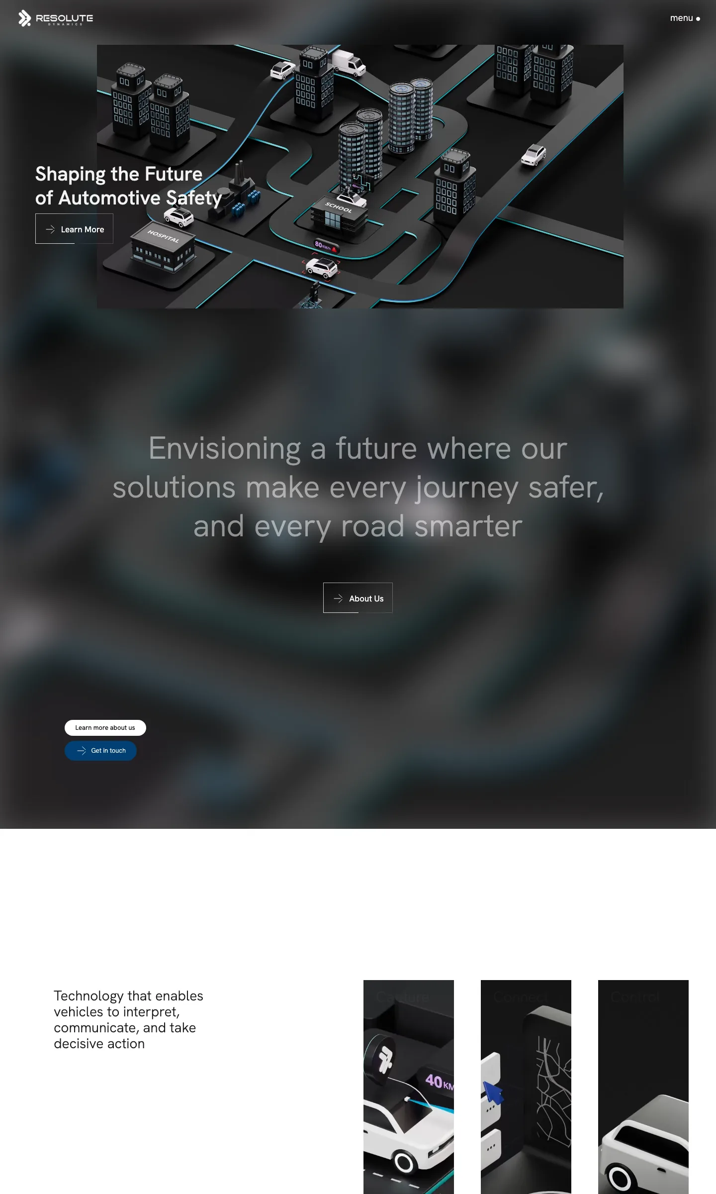 The full Resolute Dynamics homepage from header to footer