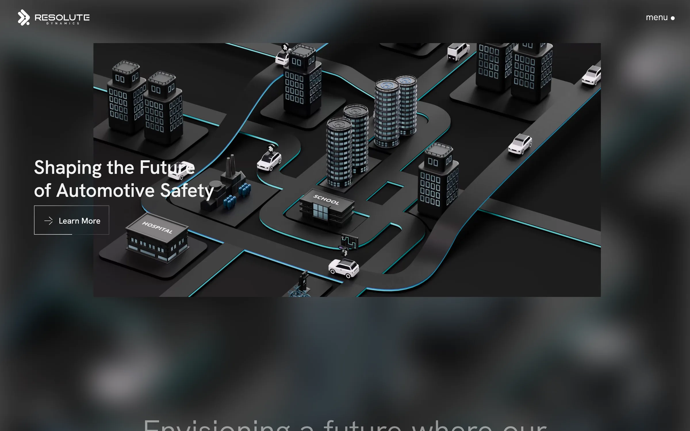 Resolute Dynamics homepage on desktop: an illustrated city of roads, schools and hospitals with connected cars, under 'Shaping the future of automotive safety'