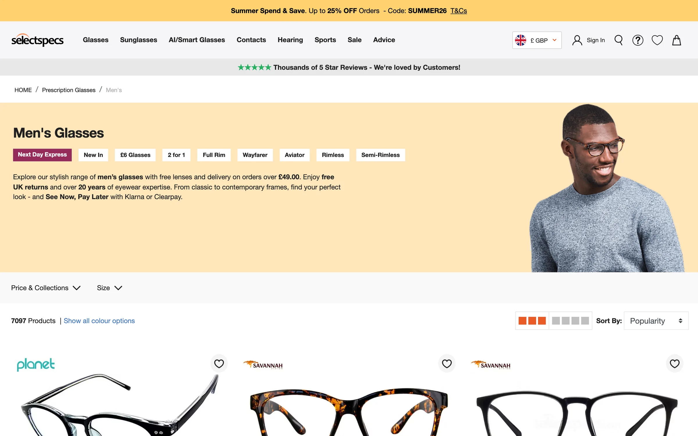Select Specs' men's glasses page on desktop, from the Internet Archive's copy: collection buttons from Next Day Express to Semi-Rimless, a man in tortoiseshell glasses, and the Price & Collections and Size filters