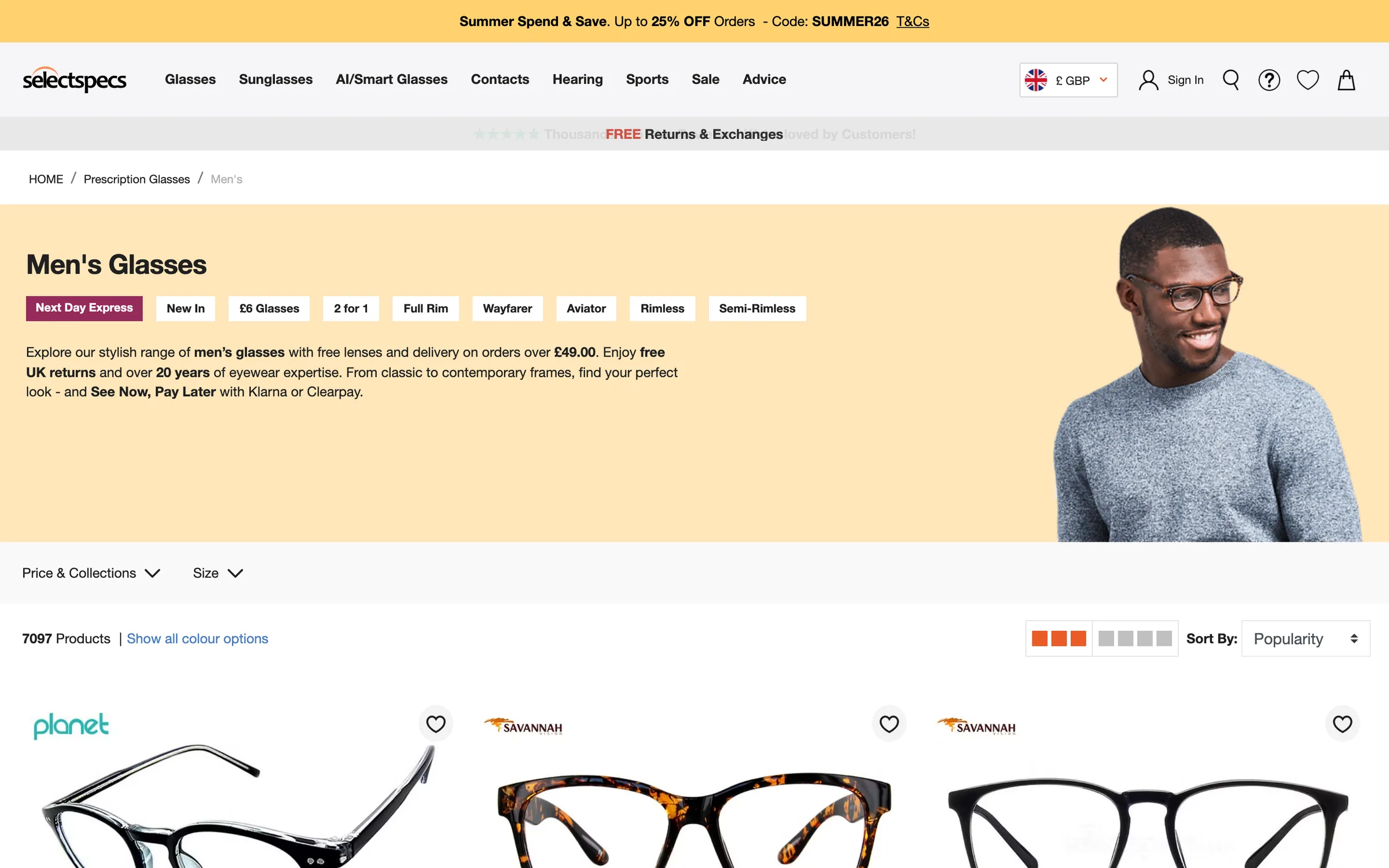 Select Specs' men's glasses page on desktop, from the Internet Archive's copy: collection buttons from Next Day Express to Semi-Rimless, a man in tortoiseshell glasses, and the Price & Collections and Size filters