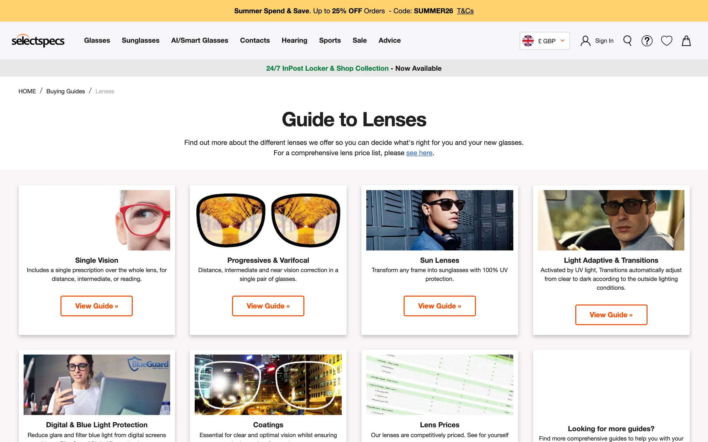 The Guide to Lenses page: single vision, progressives and varifocal, sun lenses, light adaptive and transitions, digital and blue light protection, coatings and lens prices