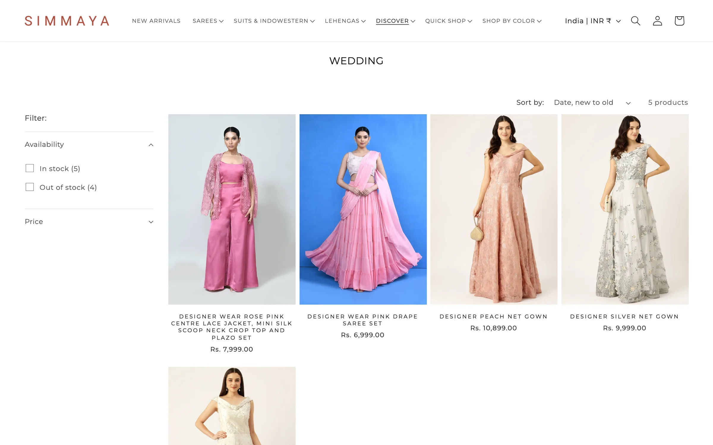 The Wedding collection: filters for availability and price, sorting, and designer outfits with their prices