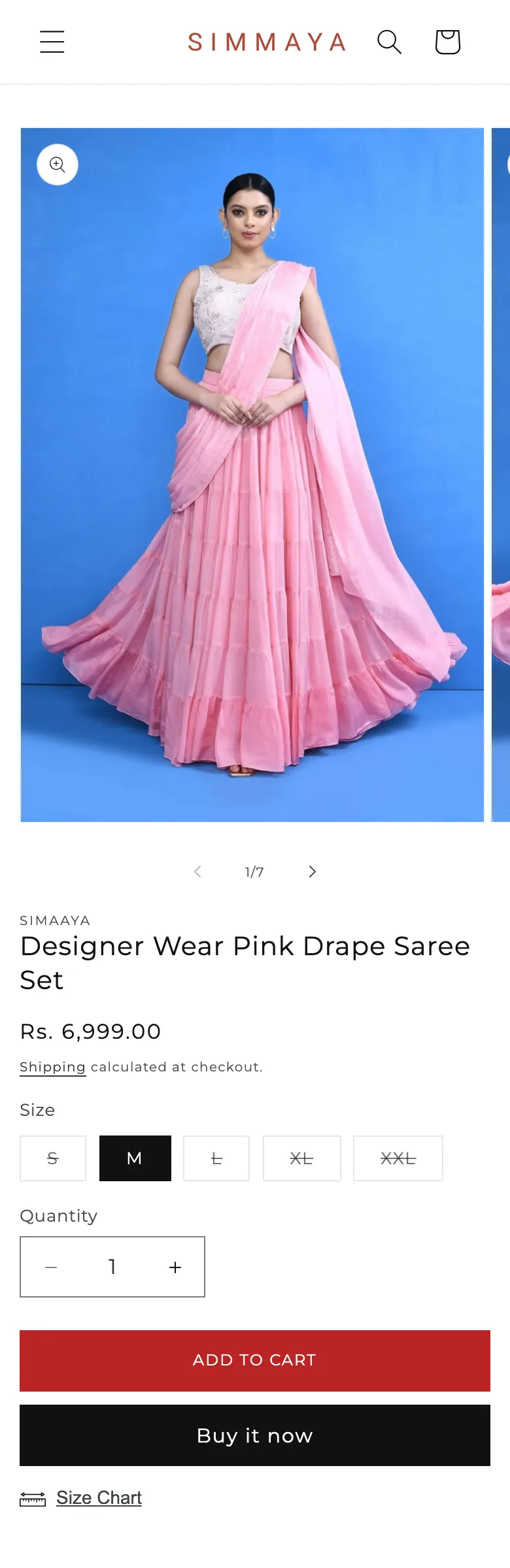 The full Designer Wear Pink Drape Saree Set product page on a phone