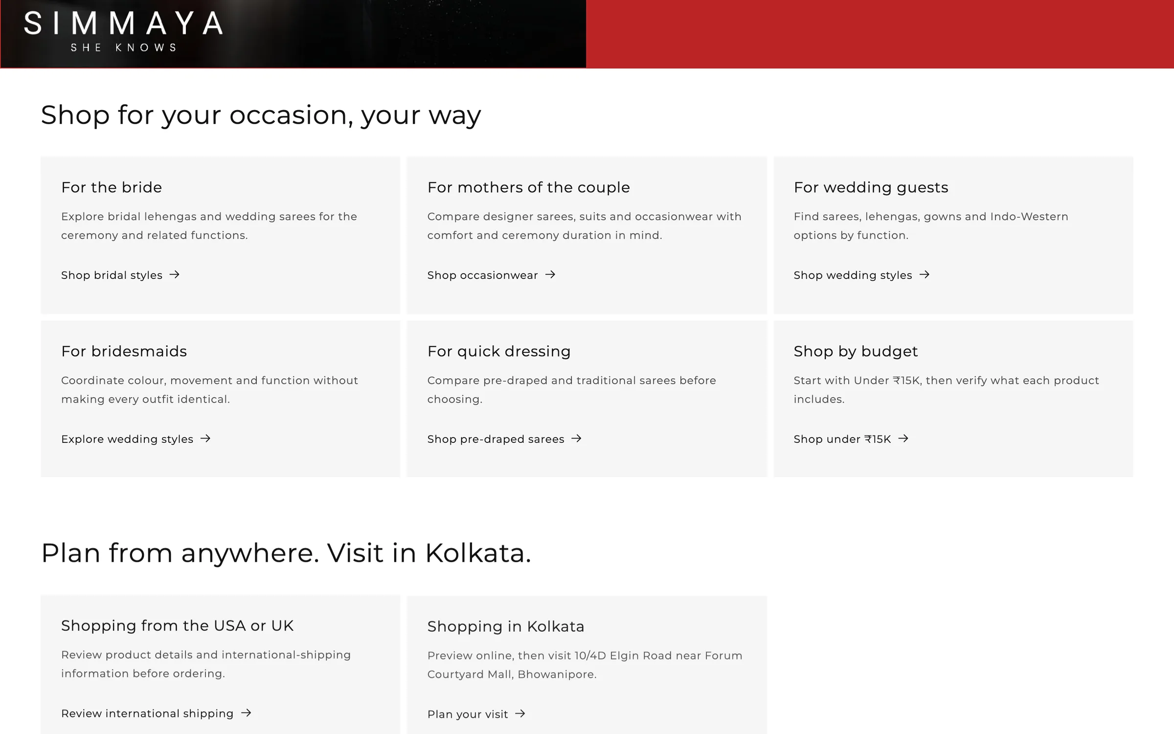 The homepage section 'Shop for your occasion, your way': cards for the bride, mothers of the couple, wedding guests, bridesmaids, quick dressing and shopping by budget, then 'Plan from anywhere. Visit in Kolkata.' with a card for shopping from the USA or UK