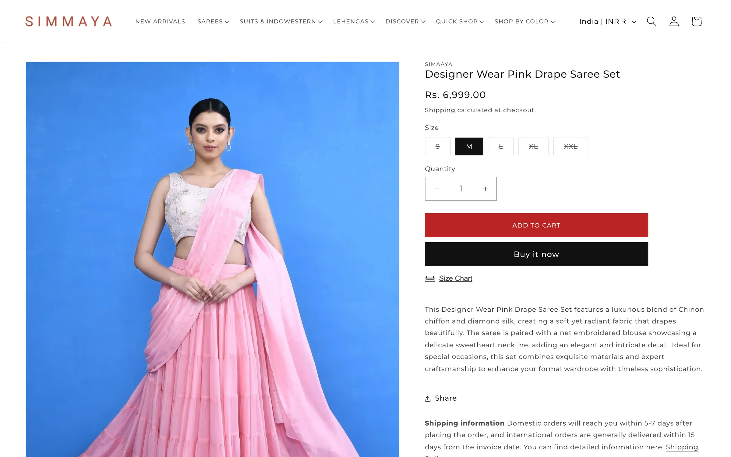 A product page: a model in a pink drape saree set, size options, Add to cart and Buy it now, and shipping information