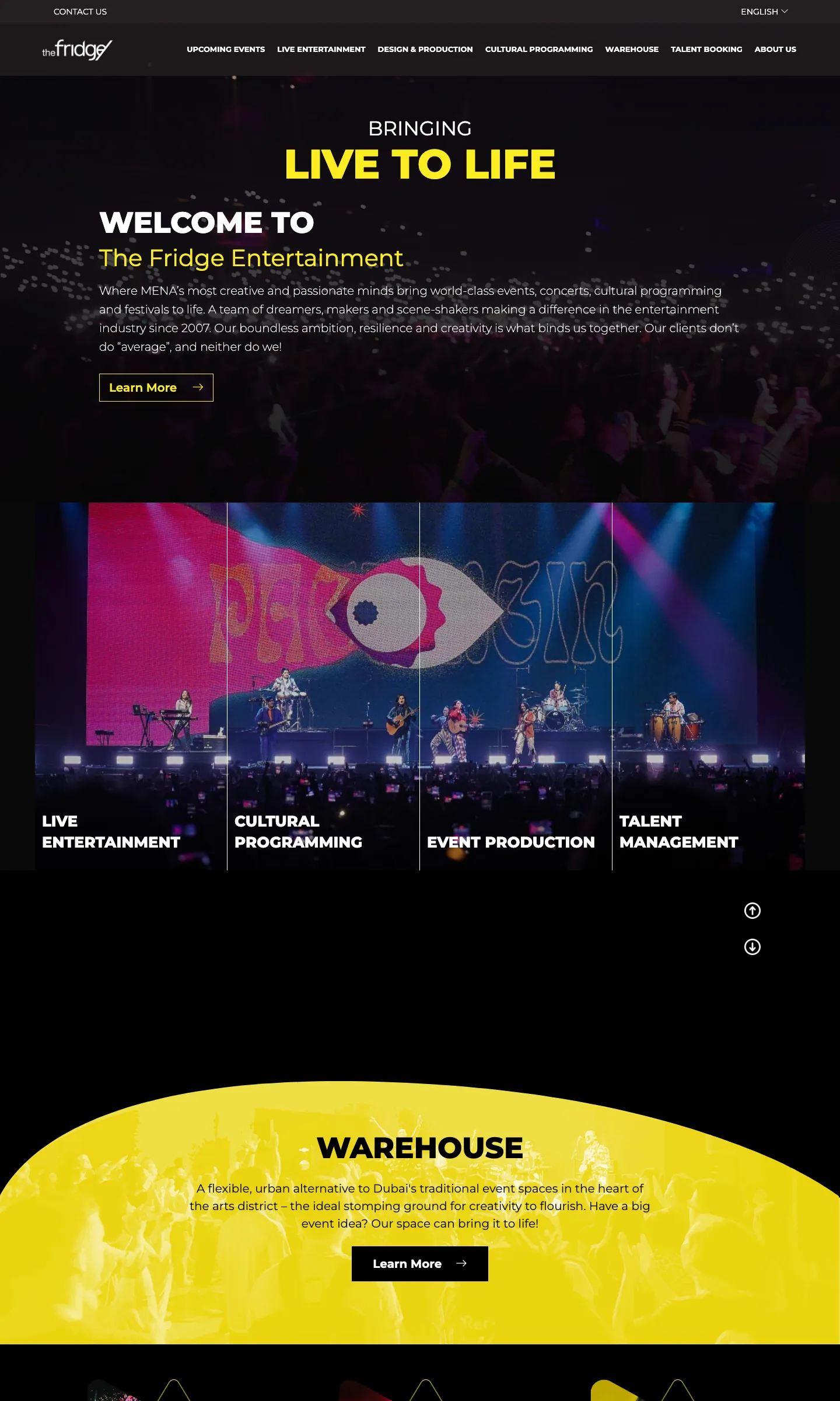 The full The Fridge homepage from header to footer