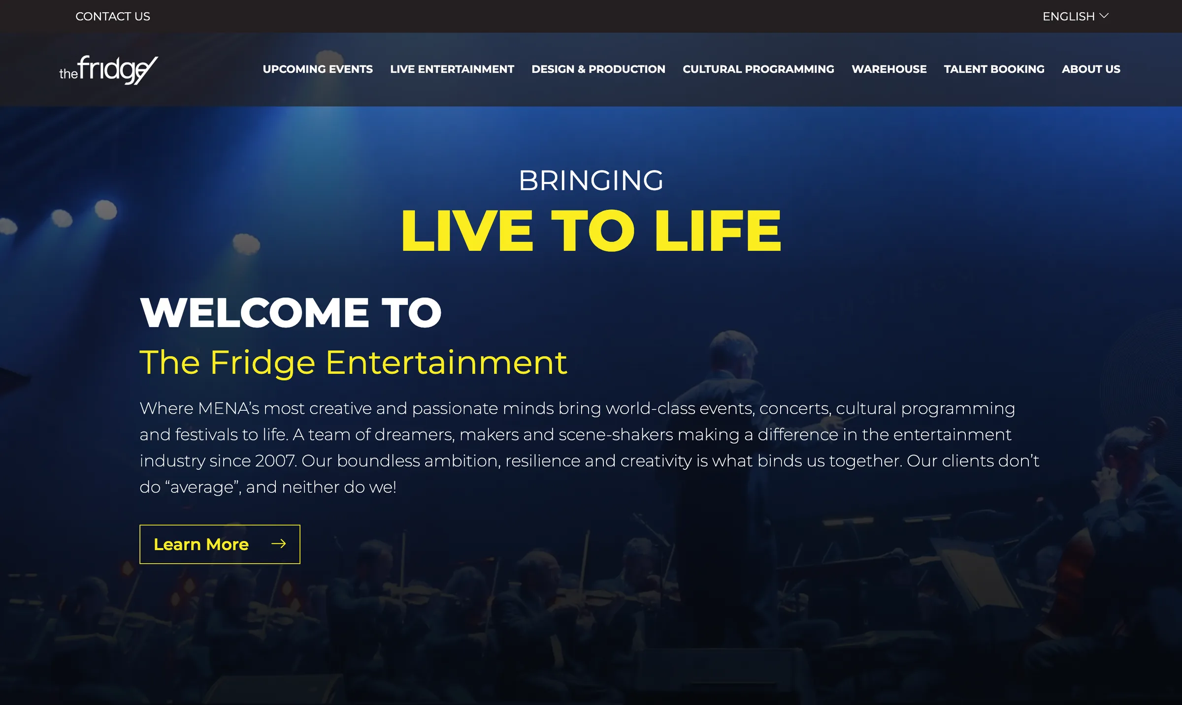 The Fridge homepage on desktop: 'Bringing live to life' in yellow and white over a concert stage