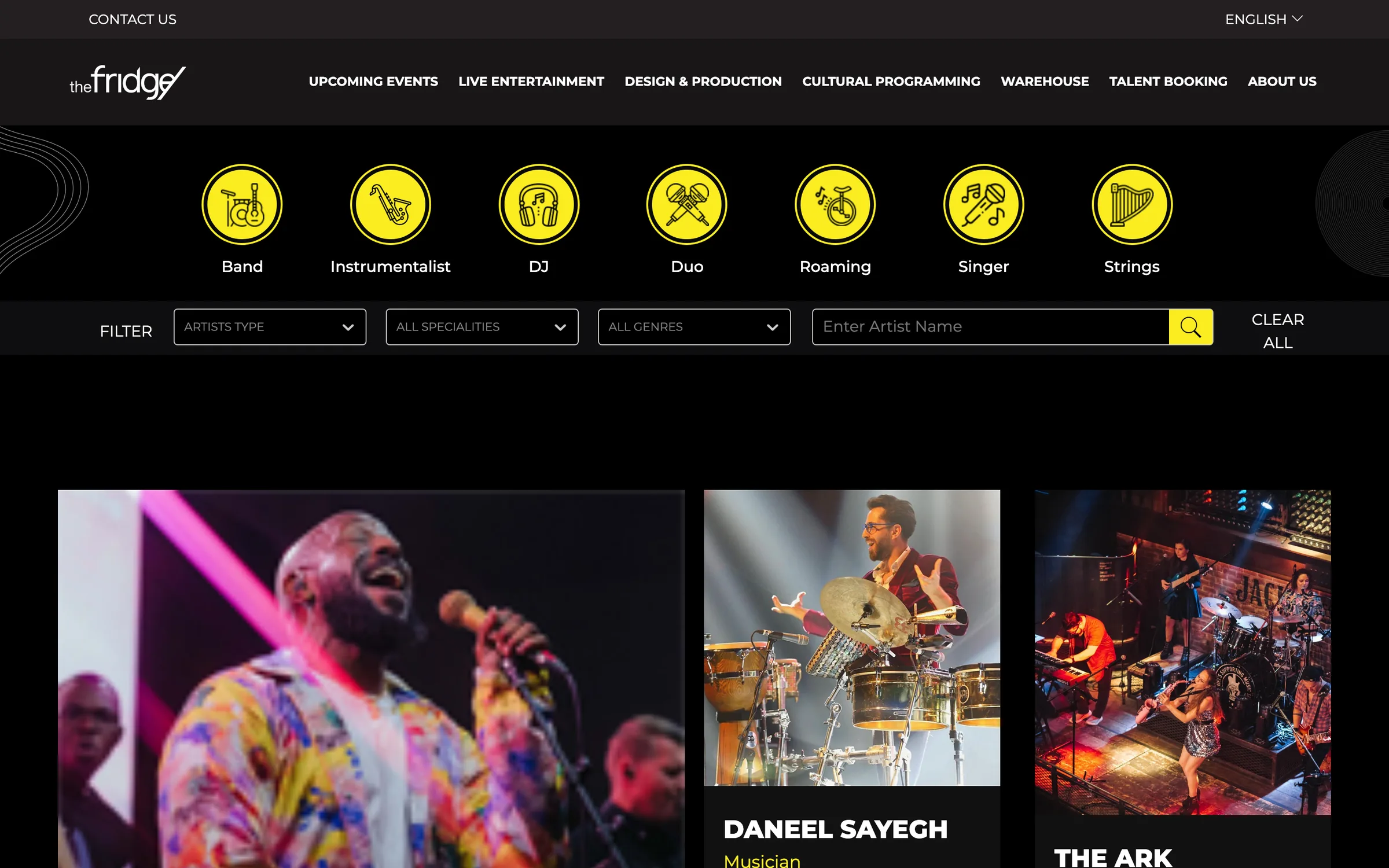 The talent search page: icons for band, instrumentalist, DJ, duo, roaming, singer and strings, filters for artist type, speciality and genre, a name search and artist profile cards