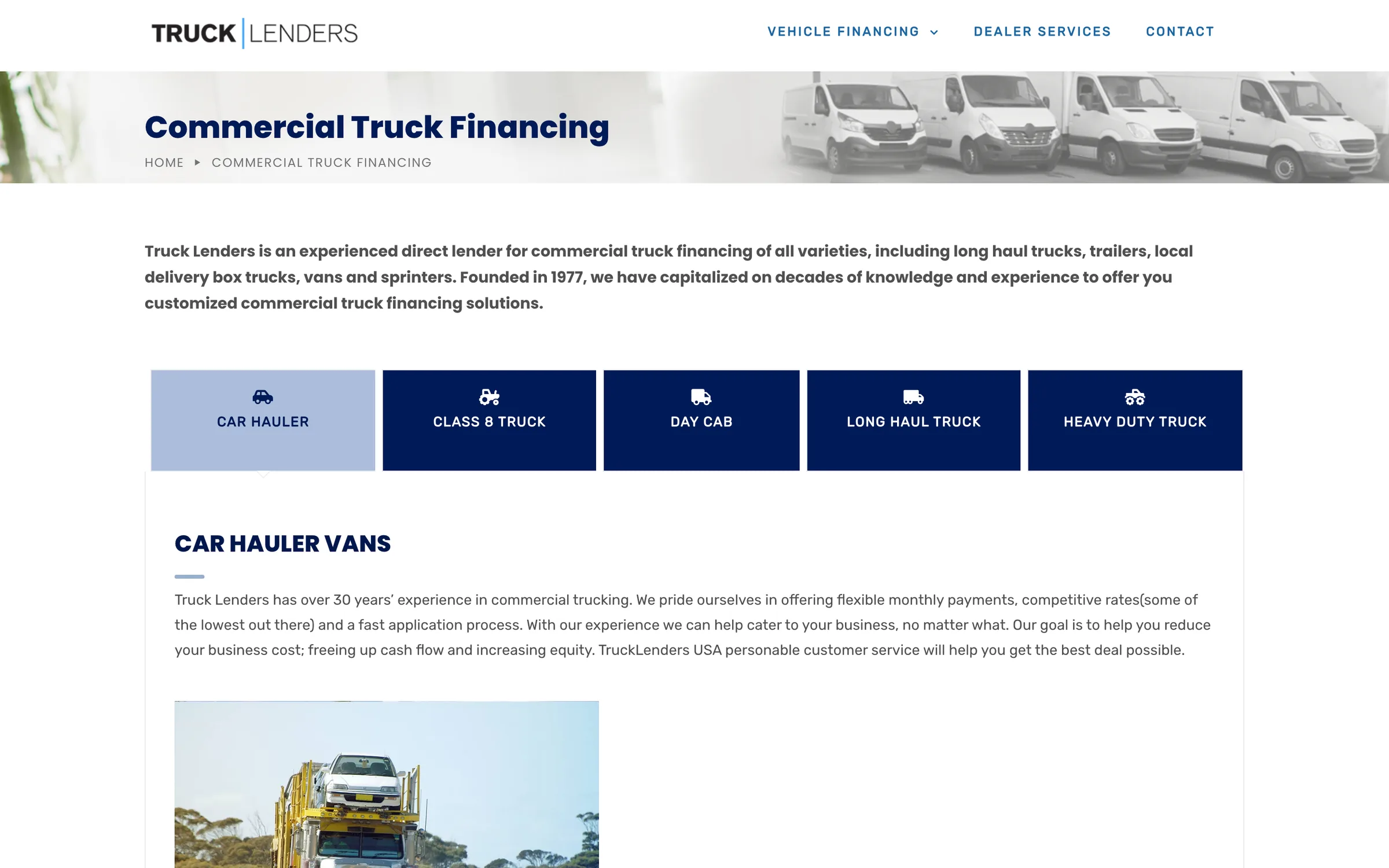 The Commercial Truck Financing page: a row of vans in the banner and tabs for car hauler, class 8 truck, day cab, long haul truck and heavy duty truck
