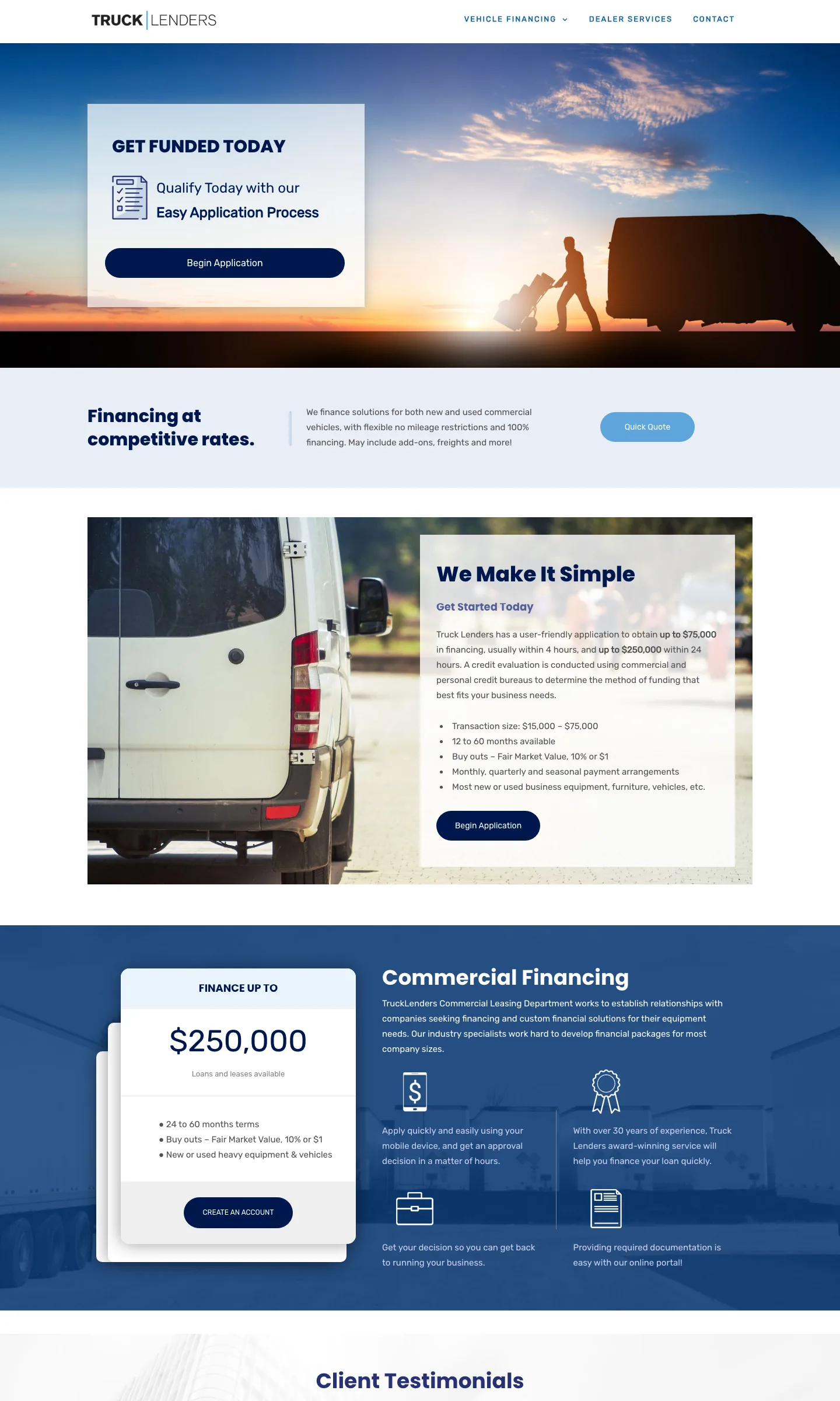 The full Truck Lenders homepage from header to footer