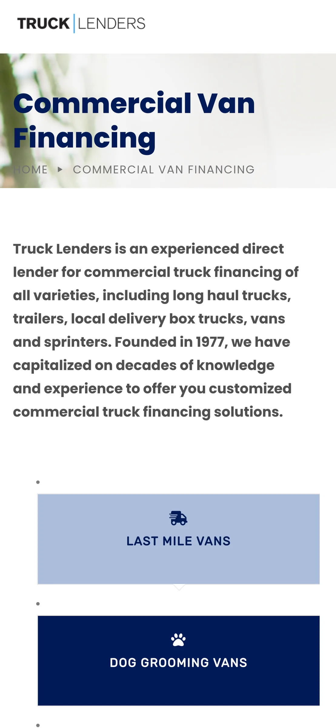 The commercial van financing page on a phone