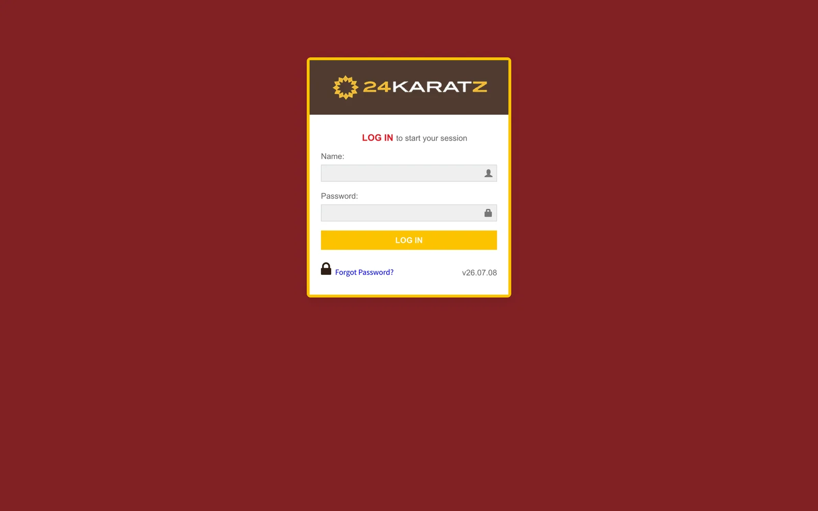 The 24 Karat branch system's sign-in screen: the 24 Karatz logo above name and password fields and a Log in button, on a deep red background